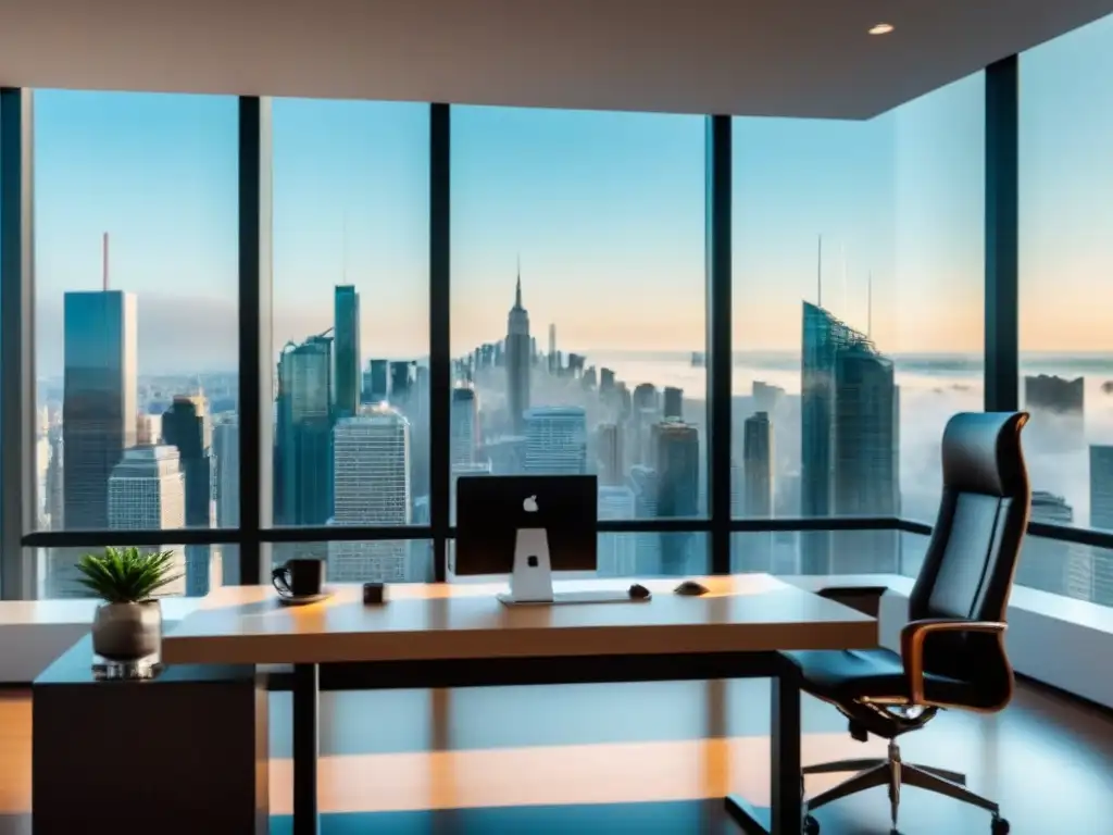 Inversor exitoso en oficina moderna de lujo con vista panorámica Un inversionista seguro analiza documentos en una oficina moderna con vista a la ciudad, protegiéndose ante fraudes inmobiliarios