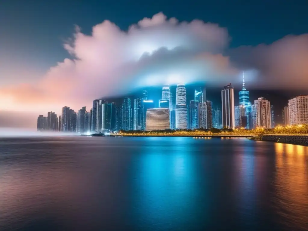 Espectacular skyline nocturno: luces y arquitectura moderna Inversionista inmobiliario mercado internacional: Vista nocturna vibrante de una ciudad moderna con rascacielos iluminados y río reflejando luces