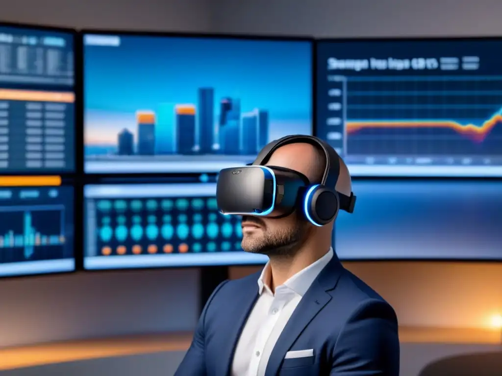 Realidad virtual inmobiliaria: tecnología de vanguardia para inversores Un inversionista profesional en un entorno hightech, usando un auricular de realidad virtual que proyecta modelos inmobiliarios 3D