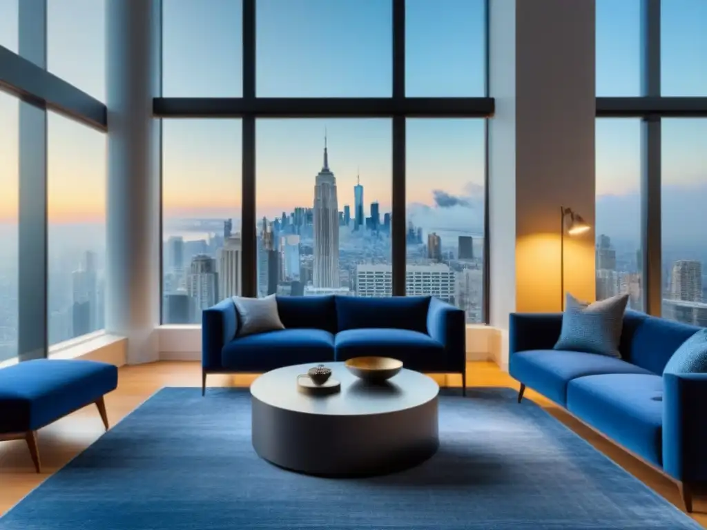 Salón de lujo con vista a la ciudad: elegancia y sofisticación Inversionista propiedades alquiler errores - Sala de estar lujosa con vista a la ciudad y elegante decoración en tonos neutros y azules
