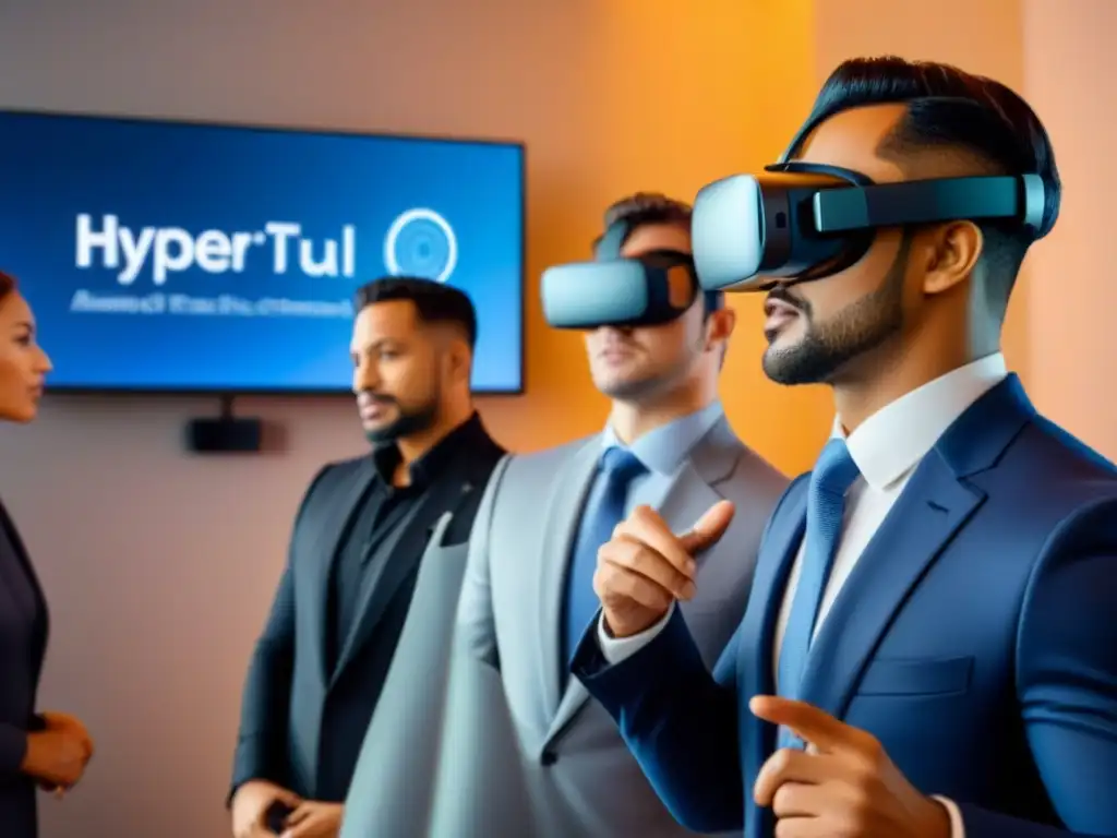Inversores inmobiliarios en realidad virtual: diversidad e innovación Inversionistas de bienes raíces y criptomonedas colaboran en un foro virtual futurista