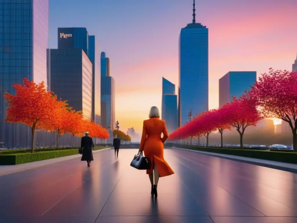 Inversionistas pasean en ciudad al atardecer, con rascacielos iluminados y un parque meticulosamente diseñado