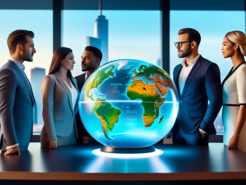 Inversionistas globales en sala futurista Inversionistas de distintas culturas interactúan con un globo holográfico en una sala futurista, destacando los Derechos de propiedad en inversiones
