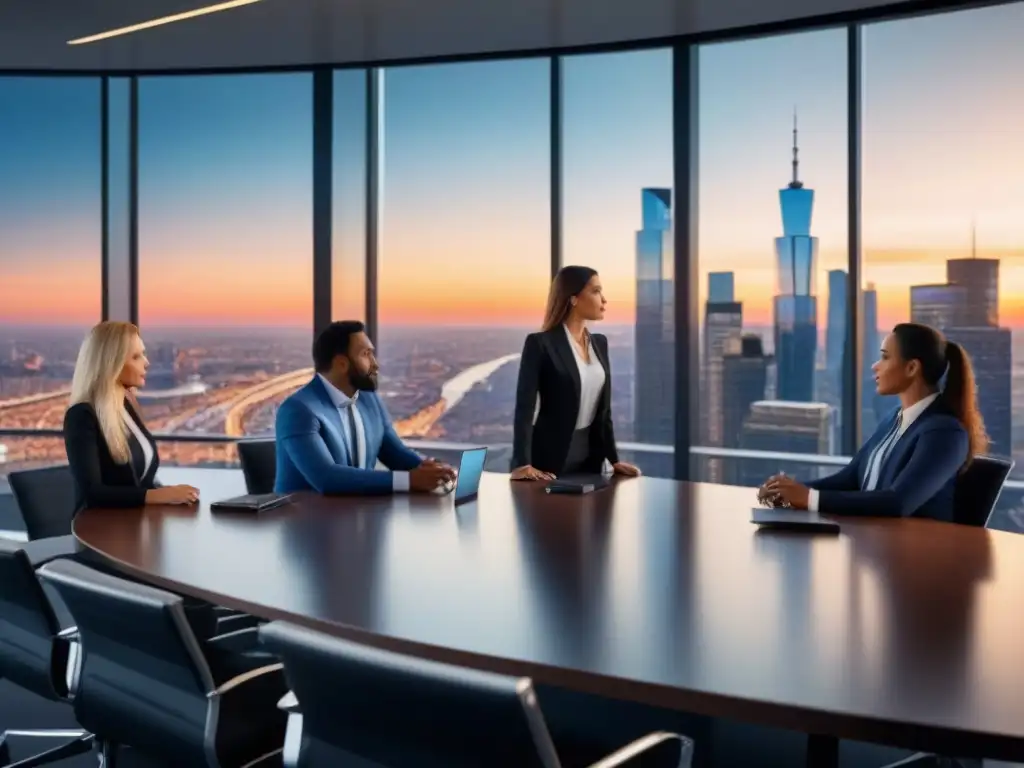 Inversores estratégicos analizan mercado inmobiliario al atardecer Inversionistas analizan datos financieros en moderna sala de juntas con vista a la ciudad al atardecer