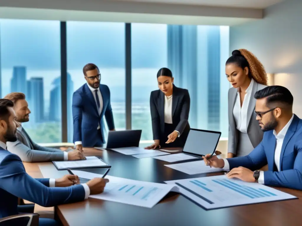 Inversionistas revisan documentos en moderna sala de juntas Inversionistas analizan documentos legales de tiempos compartidos en una elegante sala de juntas