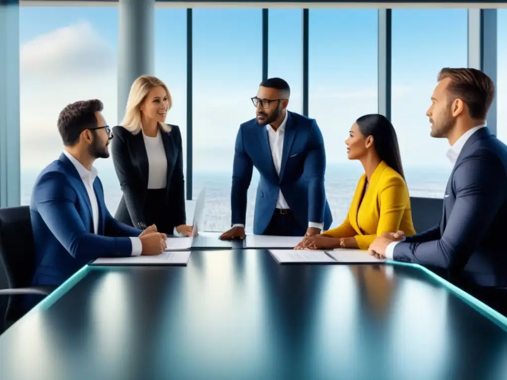 Inversores inmobiliarios estratégicos en reunión de alto impacto Inversionistas enfocados y confiados discuten técnicas anticíclicas en elegante sala de juntas con vista a la ciudad