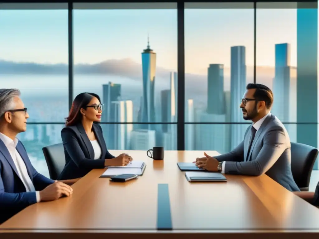 Inversionistas expertos en América Latina: estrategias y colaboración Inversionistas discutiendo estrategias en moderna oficina con vista a la ciudad y beneficios fiscales invertir mercado inmobiliario
