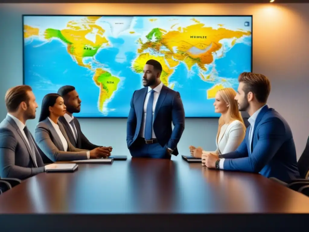Inversores globales en reunión estratégica de inversión inmobiliaria Inversionistas debaten estrategias en sala de juntas moderna con mapa global en pantalla