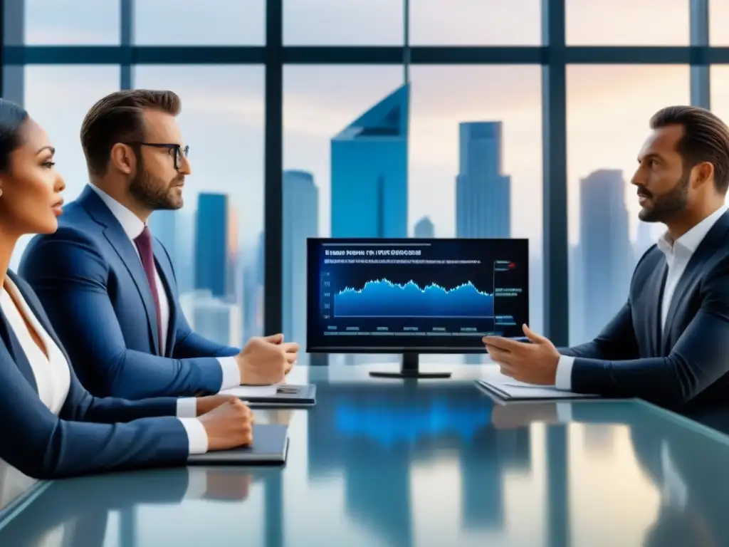 Inversores analizan estrategias de alquiler en sala de juntas Inversionistas debaten estrategias en sala moderna con vista a la ciudad, tecnología y leyes inmobiliarias