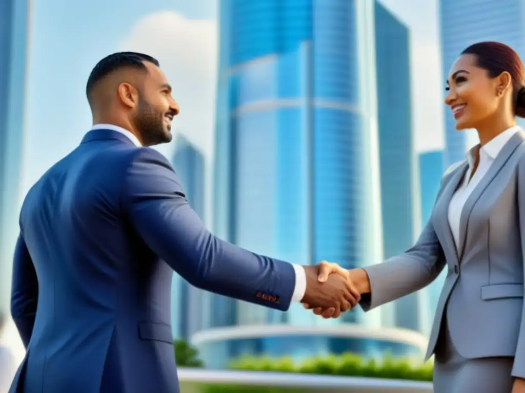 Inversionistas inmobiliarios exitosos en ciudad internacional Inversionistas exitosos de diferentes etnias y géneros se dan la mano frente a un edificio moderno en una ciudad internacional