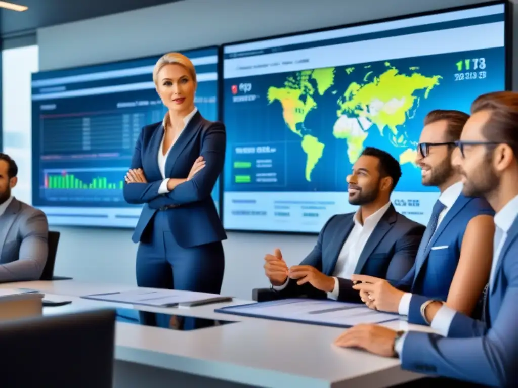 Inversores exitosos analizan mercado inmobiliario internacional Inversionistas exitosos del mercado inmobiliario internacional analizando gráficos en una oficina moderna