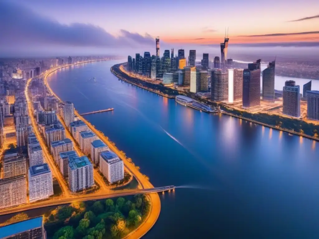 Horizonte urbano al atardecer: luces modernas en crecimiento Inversionistas exitosos en mercado inmobiliario internacional: ciudad moderna iluminada al anochecer, río y rascacielos