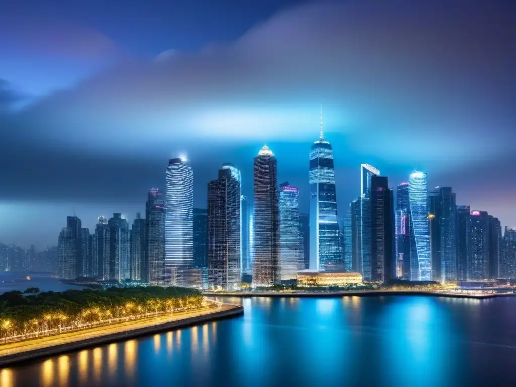 Inversiones internacionales: ciudad moderna y vibrante de oportunidades Inversionistas exitosos en mercado inmobiliario internacional debatiendo en la vibrante ciudad nocturna
