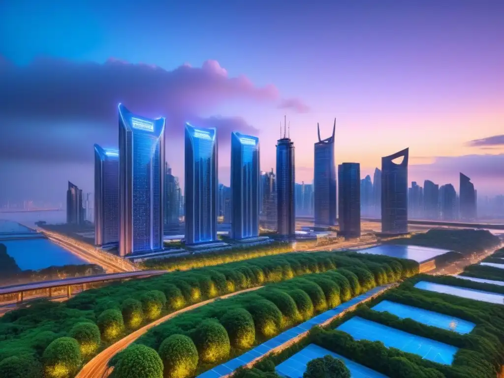 Metrópolis futurista: rascacielos innovadores y luces neón en atardecer Inversionistas exitosos en el mercado inmobiliario internacional, ciudad futurista iluminada por luces neón al anochecer