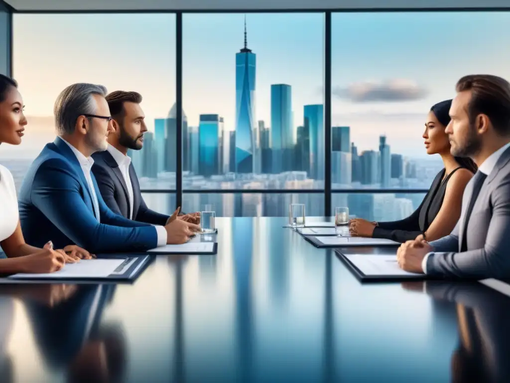 Inversores inmobiliarios internacionales en reunión estratégica Inversionistas exitosos del mercado inmobiliario internacional discuten estrategias en moderna sala de juntas con vista a la ciudad