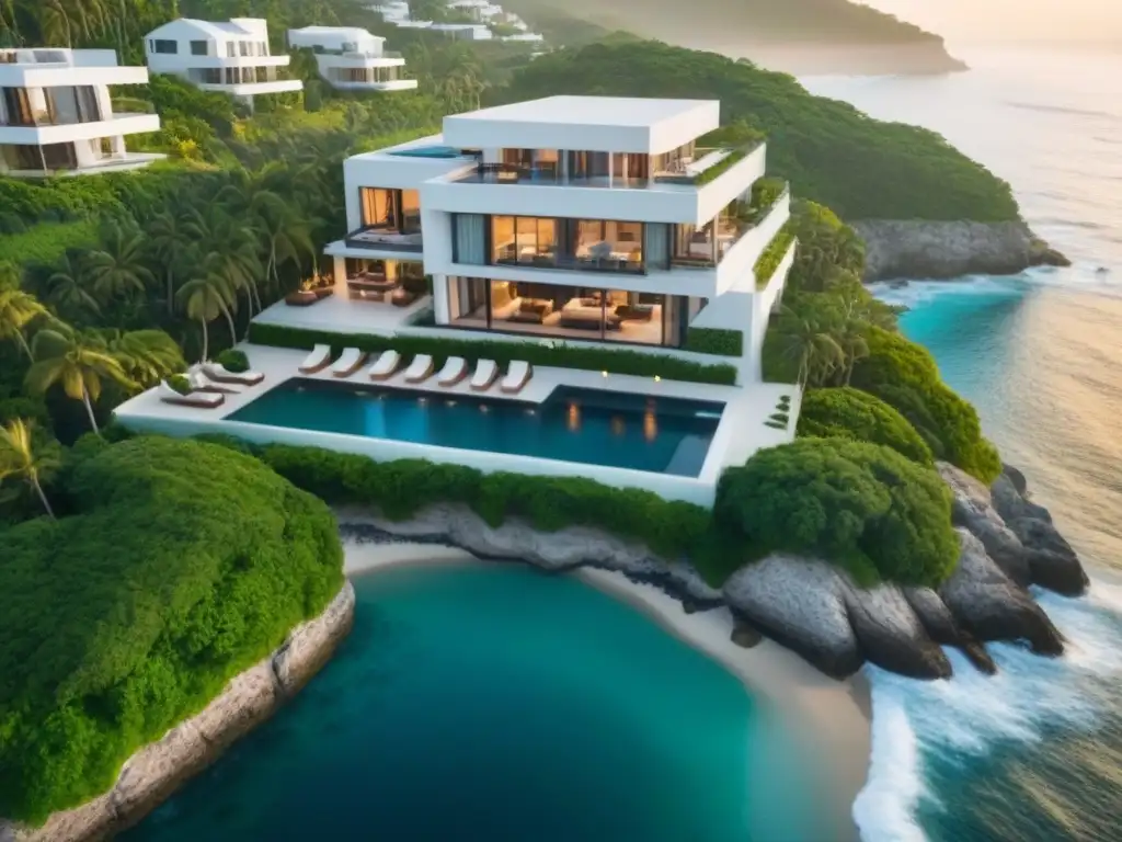 Villas de lujo frente al mar al atardecer Inversionistas exitosos mercado villas costeras: Complejo de villas costeras de lujo con arquitectura moderna, piscinas infinitas y acceso privado a la playa al atardecer