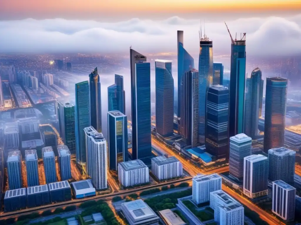 Inversión en REITs: Vista aérea impresionante de una ciudad vibrante Inversionistas globales: vista aérea de una ciudad vibrante con rascacielos y propiedades comerciales