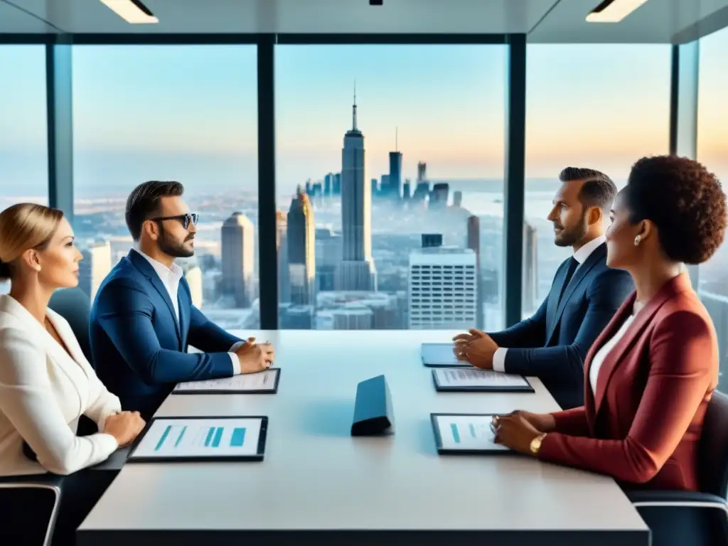 Inversionistas globales innovando estrategias inmobiliarias con confianza Inversionistas globales de bienes raíces discutiendo estrategias durante crisis financiera en moderna sala de juntas con tecnología avanzada
