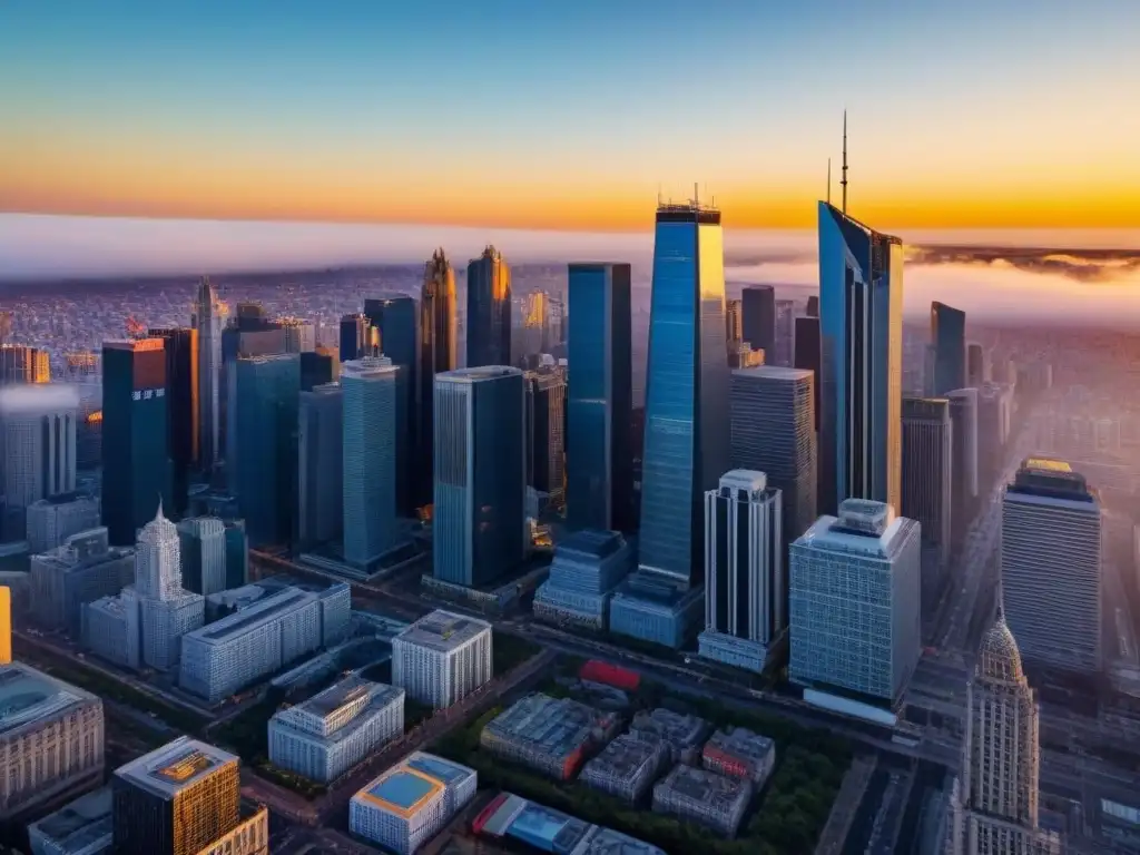 Horizonte urbano al atardecer: modernidad y tradición en armonía Inversionistas globales bienes raíces crisis: Atardecer en la ciudad, rascacielos modernos y edificios históricos bajo la luz cálida del sol poniente