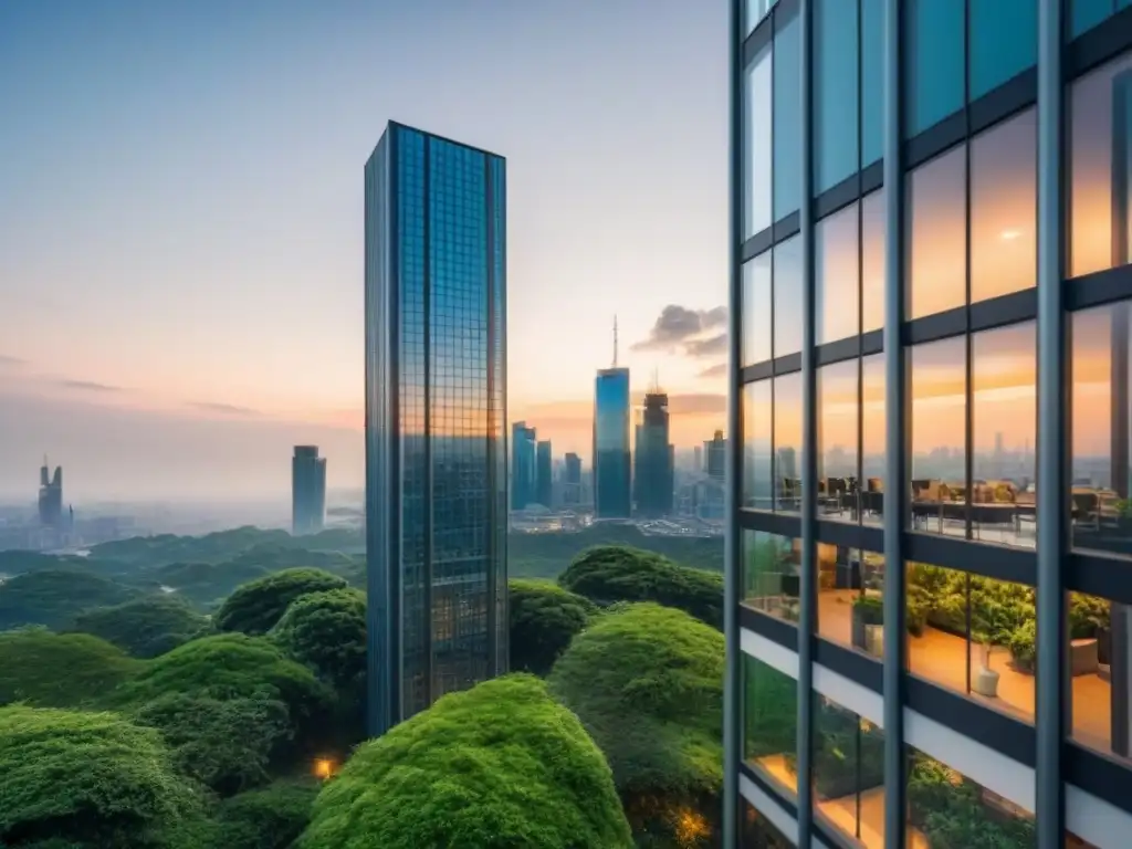 Rascacielos moderno reflejando el skyline urbano al anochecer Inversionistas globales bienes raíces crisis: Edificio moderno con fachada de cristal, reflejando el horizonte urbano al atardecer