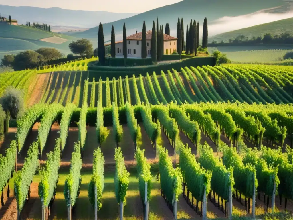 Viñedo de Toscana: paisaje sereno y lujoso Inversionistas globales en bodegas internacionales: Viñedo de Toscana con colinas, viñedos y una villa italiana