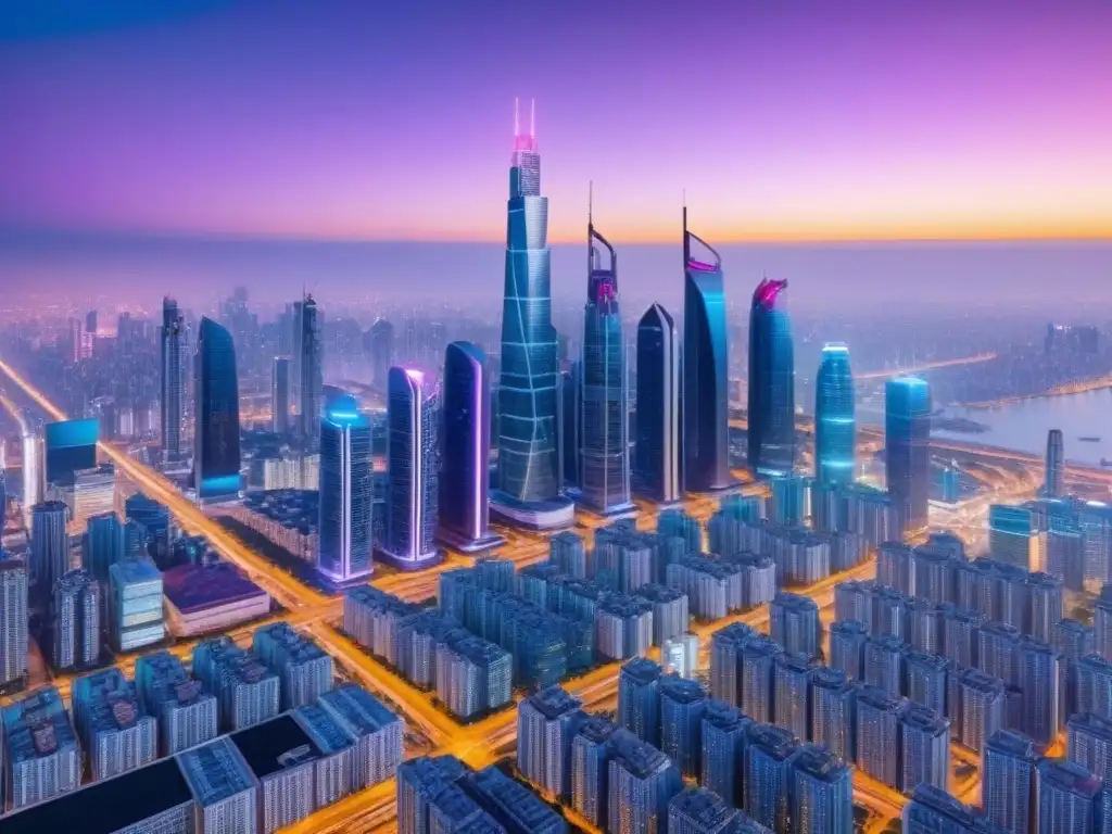 Metrópolis futurista: inversión inmobiliaria en tiempo real Inversionistas globales exploran la ciudad futurista iluminada por luces neón, fusionando tecnología y arquitectura