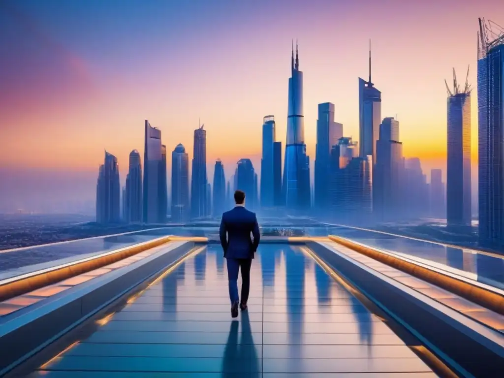 Horizonte urbano futurista al atardecer Inversionistas globales se maravillan con la ciudad futurista al atardecer
