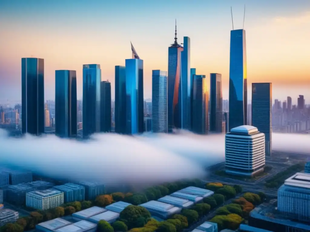 Skyline de inversión inmobiliaria: crecimiento y colaboración global Inversionistas globales dialogando sobre REITs en una ciudad de rascacielos representativos del mercado inmobiliario