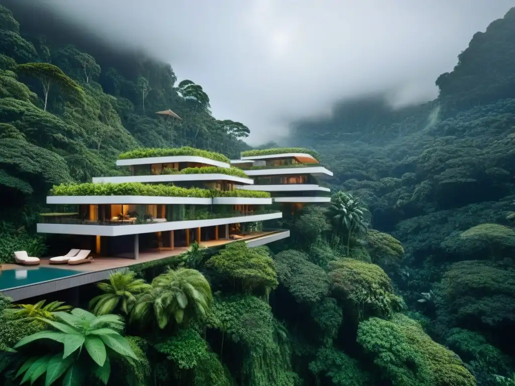 Resort ecológico futurista en la selva: lujo sostenible Inversionistas globales en complejos turísticos disfrutan de resort ecológico futurista en la selva