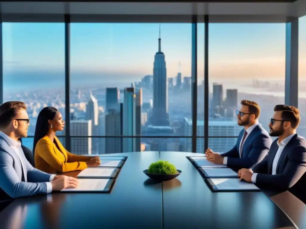 Inversores globales en reunión estratégica en moderna sala de juntas Inversionistas globales analizan datos financieros en sala de juntas futurista con vista a la ciudad
