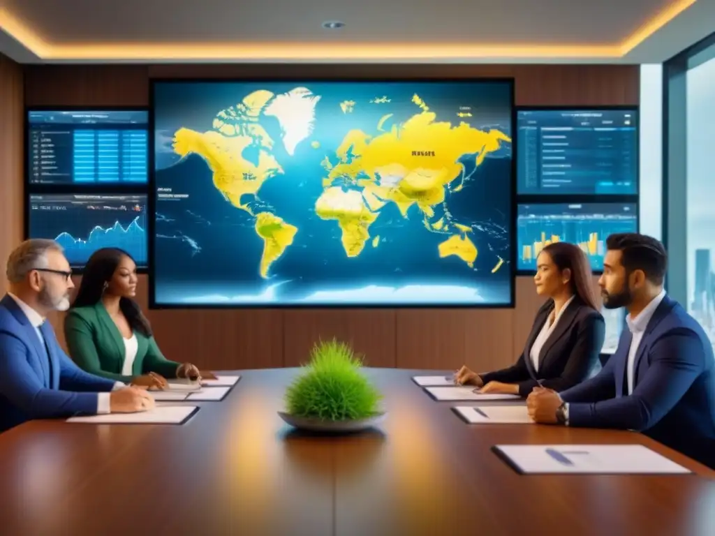 Inversores globales analizando datos financieros en sala de juntas moderna Inversionistas globales analizan datos financieros en moderna sala de juntas, con mapa mundial de rutas comerciales y hubs financieros