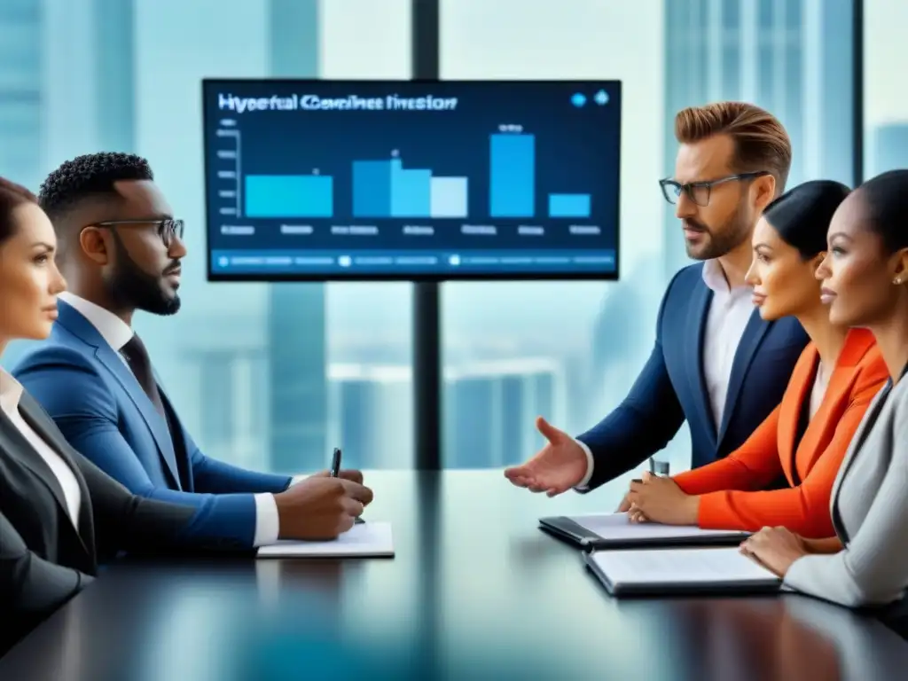 Inversionistas globales analizando datos en sala de juntas moderna Inversionistas globales discuten datos en moderna sala de juntas