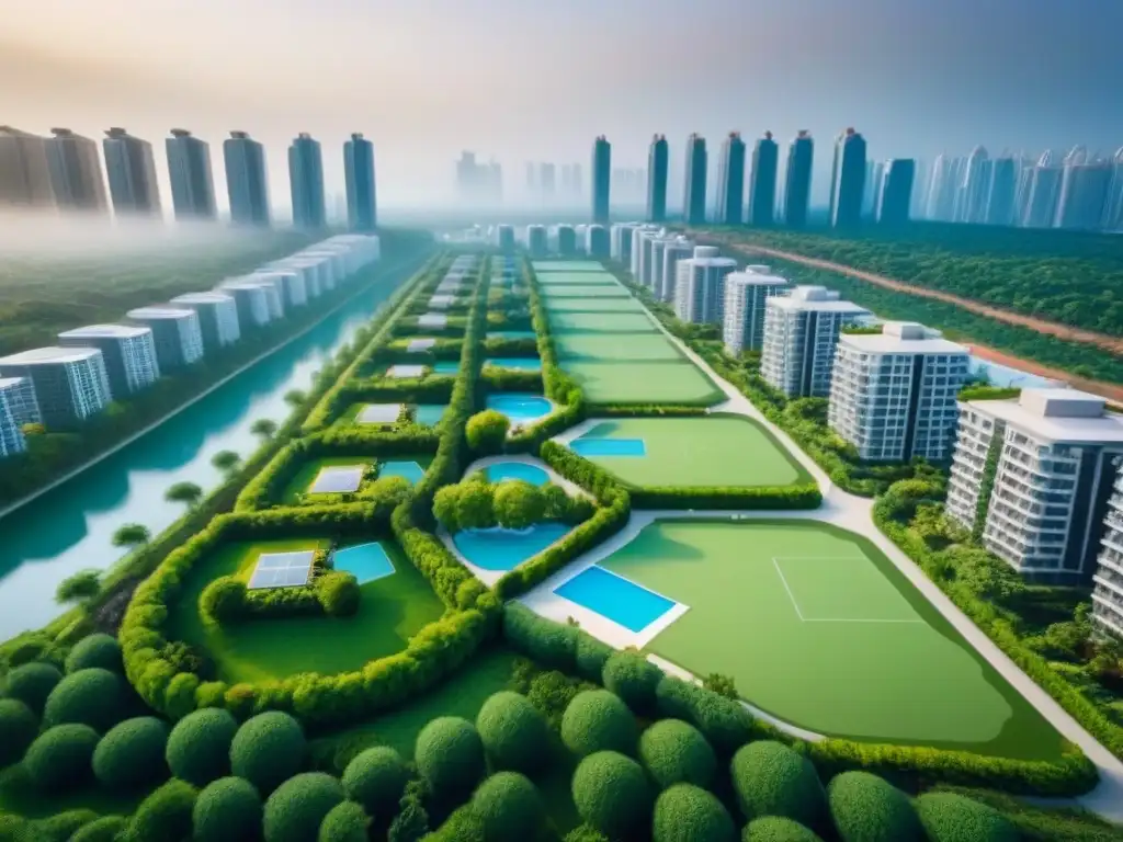 Desarrollo inmobiliario futurista: oasis urbano integrado Inversionistas globales disfrutan del desarrollo inmobiliario moderno con rascacielos futuristas y espacios verdes