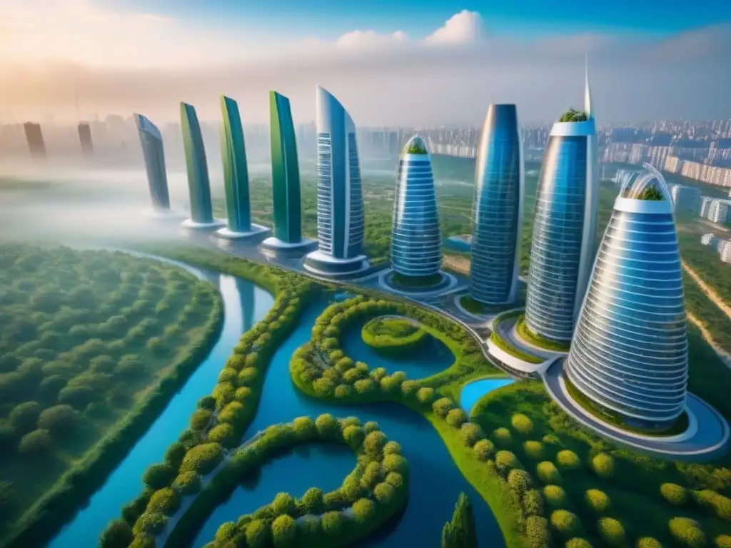 Desarrollo inmobiliario futurista: lujo y sostenibilidad Inversionistas globales exploran desarrollos inmobiliarios futuristas en un entorno sostenible y lujoso bajo un cielo azul claro