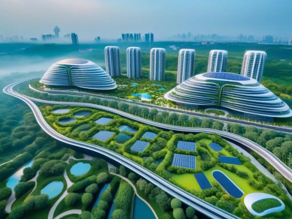 Desarrollo inmobiliario futurista: integración y sostenibilidad Inversionistas globales en desarrollos inmobiliarios integrados: vista aérea de un futuro urbano sostenible y moderno