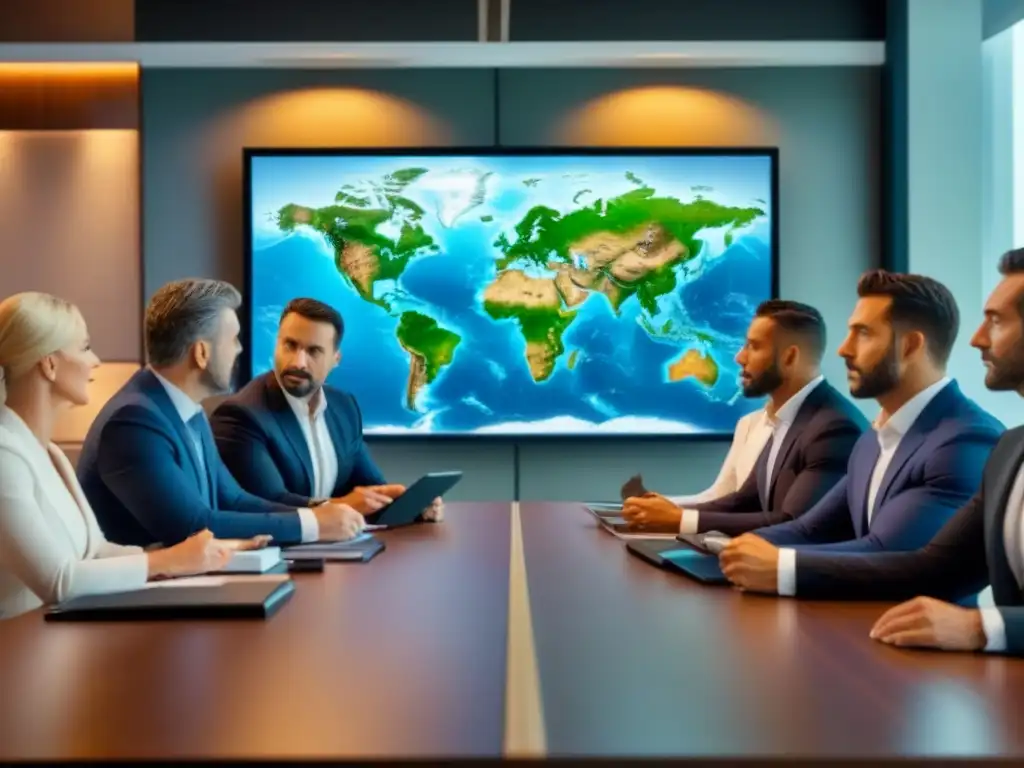 Inversores globales en reunión estratégica de inversión inmobiliaria Inversionistas globales debaten estrategias inmobiliarias en una sala de juntas moderna con datos de mercado internacional