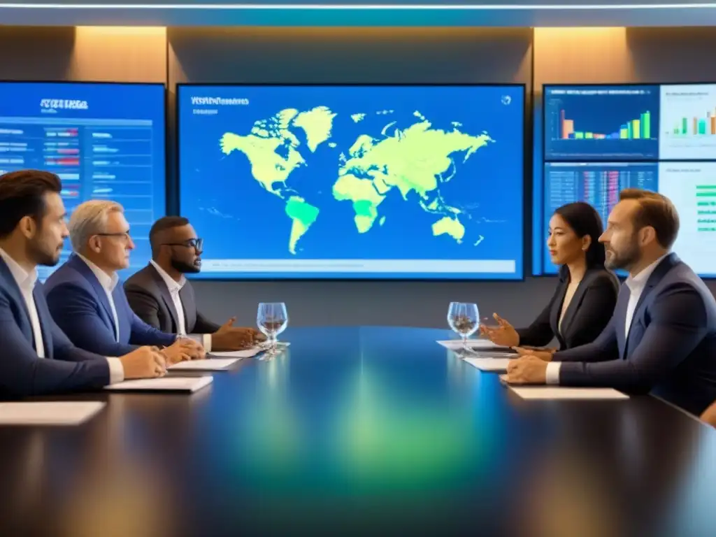 Inversores globales colaborando estratégicamente en mesa tecnológica Inversionistas globales garantizando éxito con acuerdos en mesa de reuniones de alta tecnología