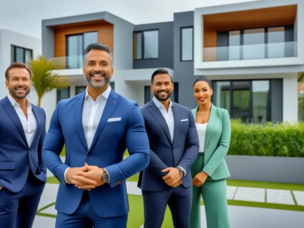 Inversores inmobiliarios globales exitosos frente a propiedades de lujo Inversionistas globales exitosos frente a propiedades de alquiler modernas, reflejando éxito y diversidad