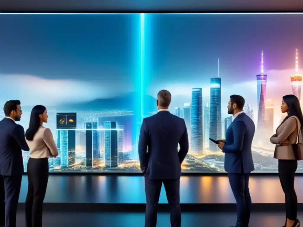 Inversores globales en holograma de divisas Inversionistas globales observan fluctuaciones cambiarias en holograma, reflejando mercado inmobiliario global