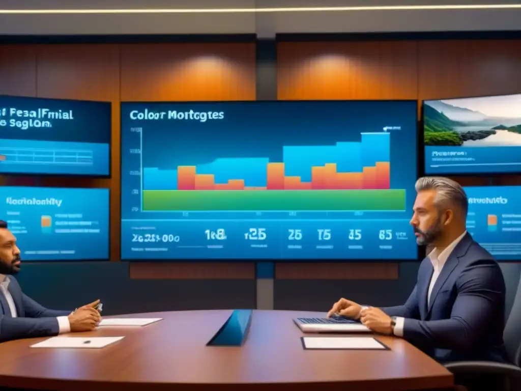 Inversores globales analizan gráficos financieros en sala de juntas moderna Inversionistas globales analizando gráficos financieros en una sala de juntas moderna, comparando ventajas hipotecas moneda local