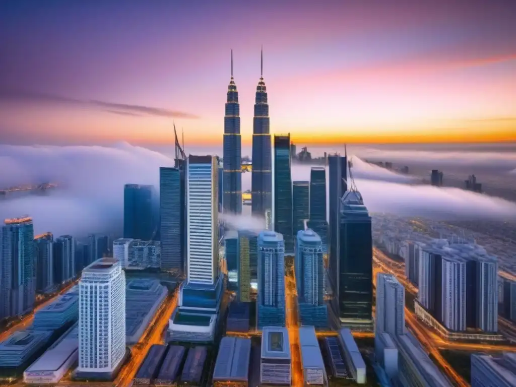 Inversiones inmobiliarias internacionales: metrópolis moderna al atardecer Inversionistas globales en REITs internacionales disfrutan de impresionante ciudad al atardecer