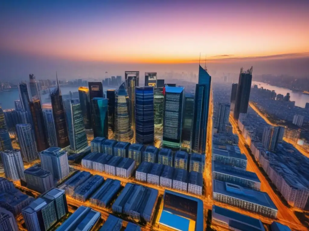 Horizonte urbano global: inversión inmobiliaria en REIT Inversionistas globales en REITs internacionales: Vista aérea detallada de una ciudad moderna al atardecer, llena de rascacielos