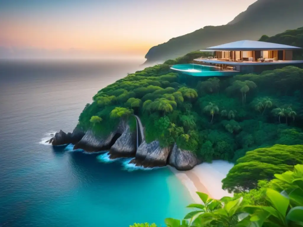 Paraíso privado ecofriendly: inversores globales en isla de lujo Inversionistas globales disfrutan de una isla privada sostenible al atardecer