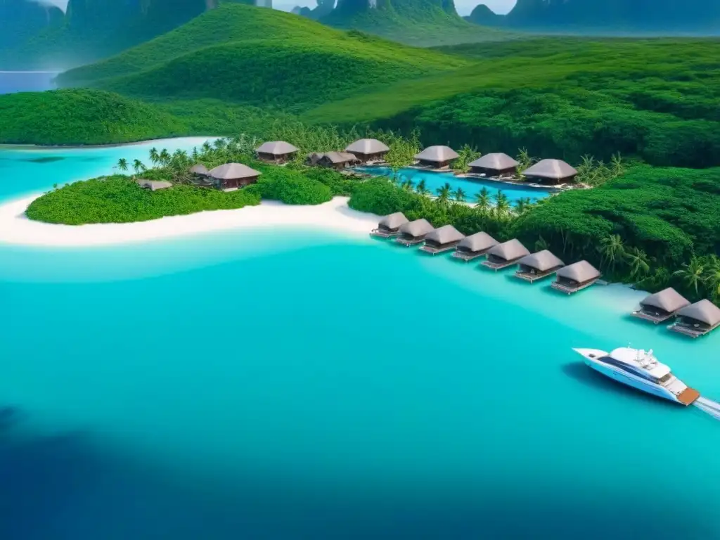 Exclusivo paraísotropical: isla privada de lujo con villas y aguas turquesa Inversionistas globales islas privadas lujo: Vista aérea de isla privada de lujo con aguas turquesas, villas opulentas y playas blancas