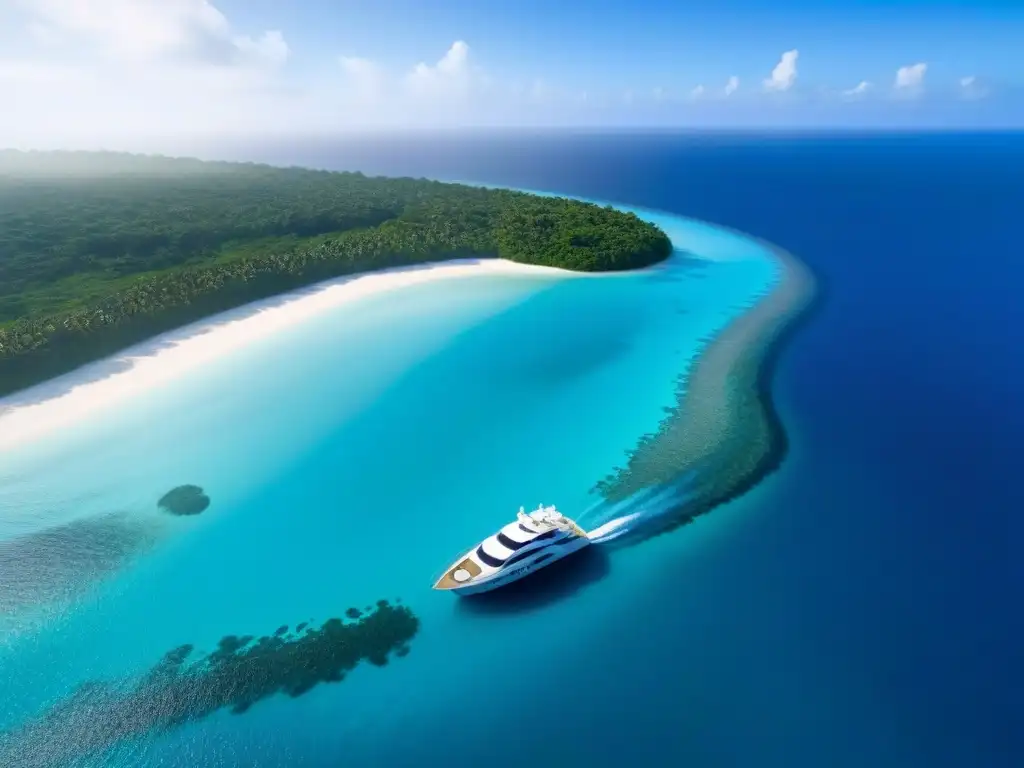 Paraísos privados de lujo: isla exclusiva con vistas aéreas impresionantes Inversionistas globales islas privadas: Vista aérea de una isla privada lujosa con arquitectura moderna y paisaje tropical exuberante