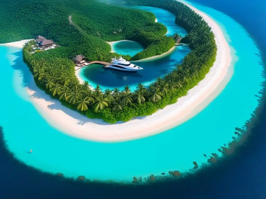 Paraísos privados: isla exclusiva con villas de lujo y helicóptero Inversionistas globales en islas privadas: Vista aérea de isla privada con villas de lujo, piscinas infinitas y playas de arena blanca