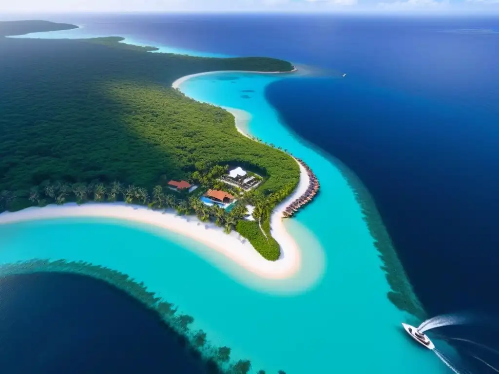 Isla privada de lujo: villas modernas, piscinas infinity y marina exclusiva Inversionistas globales en islas privadas: Vista aérea de una isla privada de lujo con villas modernas, piscinas infinitas y yates en la marina