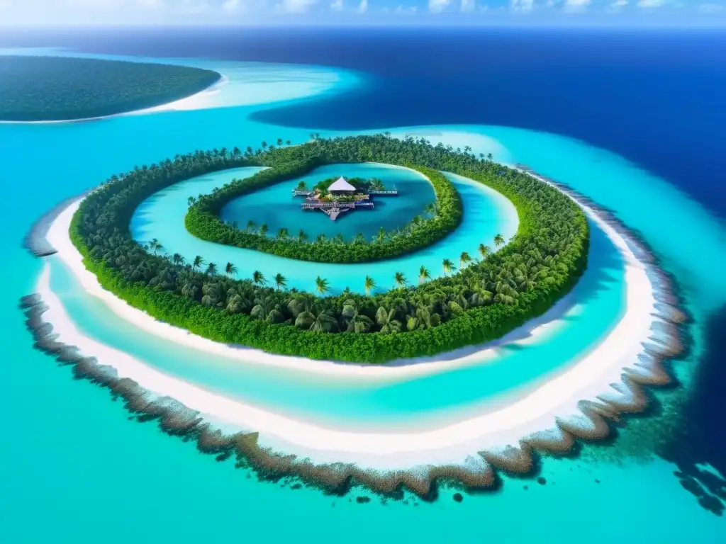Exclusiva isla privada: lujo y opulencia en paraíso tropical Inversionistas globales en islas privadas: Vista aérea de isla privada con villas lujosas, muelles y vegetación tropical exuberante