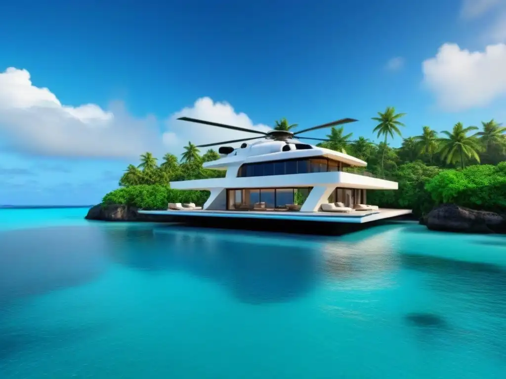 Isla privada de lujo: villa moderna, piscina infinita y helipuerto Inversionistas globales islas privadas oportunidades: Una isla privada de lujo con villa moderna y piscina infinita al atardecer