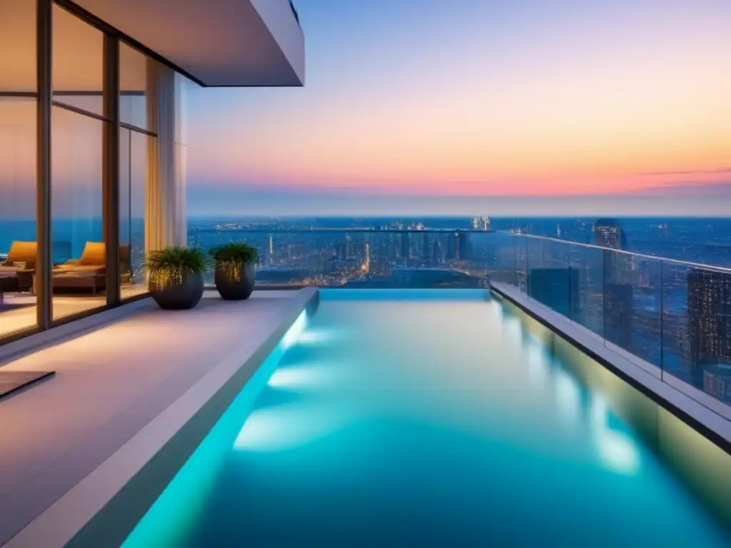 Edificio de lujo con vista urbana al atardecer Inversionistas globales disfrutan lujoso rascacielos urbano al anochecer
